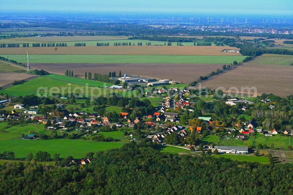 Wulkow from above - Agricultural land and field boundaries surround the settlement area of the village in Wulkow in the state Brandenburg, Germany