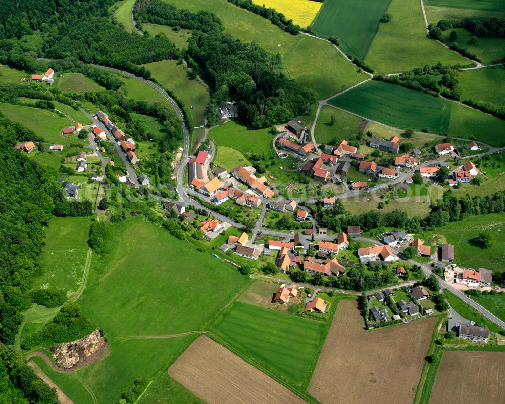 Aerial image Zahmen - Agricultural land and field boundaries surround the settlement area of the village in Zahmen in the state Hesse, Germany