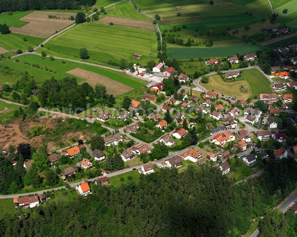 Zavelstein from above - Agricultural land and field boundaries surround the settlement area of the village in Zavelstein in the state Baden-Wuerttemberg, Germany