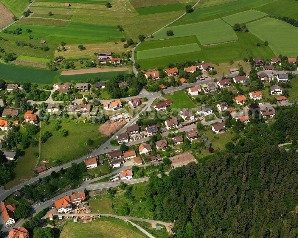 Zavelstein from above - Agricultural land and field boundaries surround the settlement area of the village in Zavelstein in the state Baden-Wuerttemberg, Germany