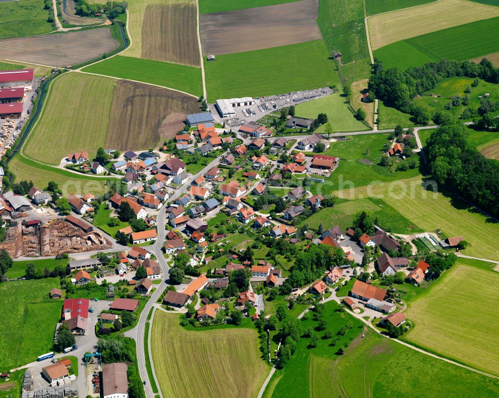 Zell from above - Agricultural land and field boundaries surround the settlement area of the village in Zell in the state Baden-Wuerttemberg, Germany