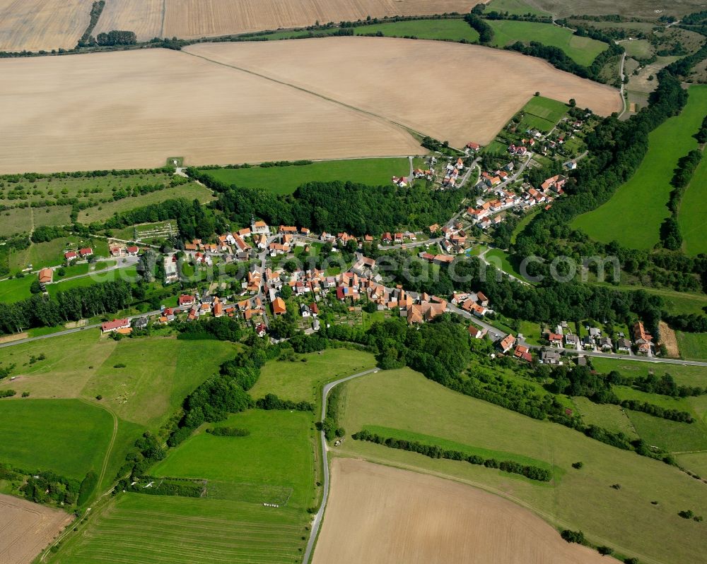 Zella from above - Agricultural land and field boundaries surround the settlement area of the village in Zella in the state Thuringia, Germany