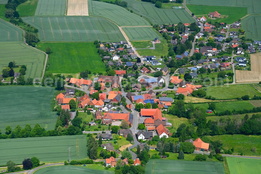 Aerial photograph Zersen - Agricultural land and field boundaries surround the settlement area of the village in Zersen in the state Lower Saxony, Germany