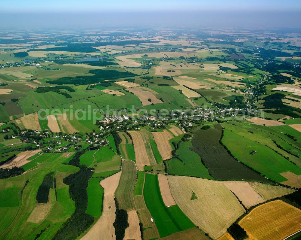 Zethau from the bird's eye view: Agricultural land and field boundaries surround the settlement area of the village in Zethau in the state Saxony, Germany