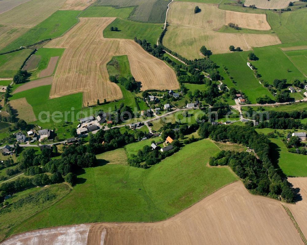 Zethau from the bird's eye view: Agricultural land and field boundaries surround the settlement area of the village in Zethau in the state Saxony, Germany