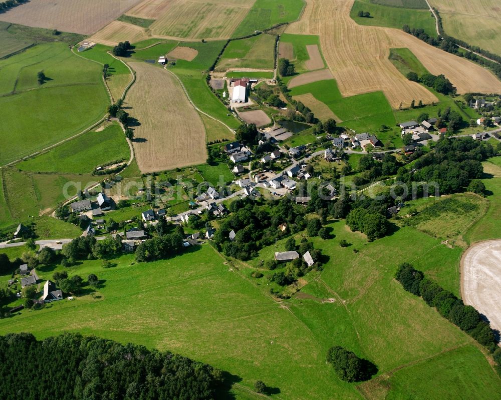 Aerial image Zethau - Agricultural land and field boundaries surround the settlement area of the village in Zethau in the state Saxony, Germany