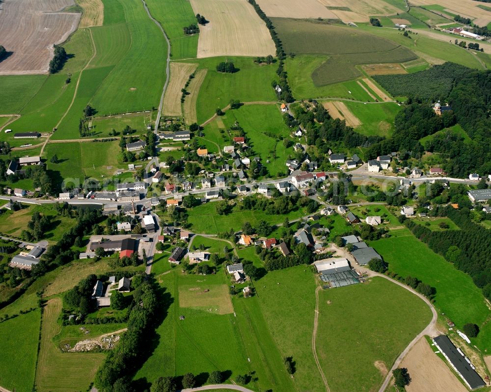 Zethau from above - Agricultural land and field boundaries surround the settlement area of the village in Zethau in the state Saxony, Germany