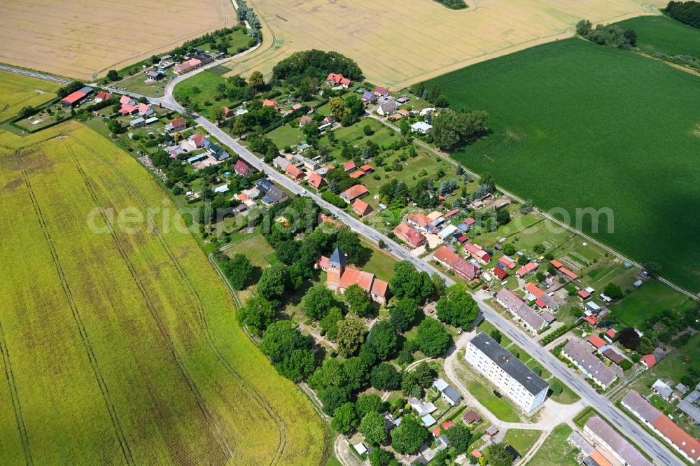 Zettemin from above - Agricultural land and field boundaries surround the settlement area of the village in Zettemin in the state Mecklenburg - Western Pomerania, Germany