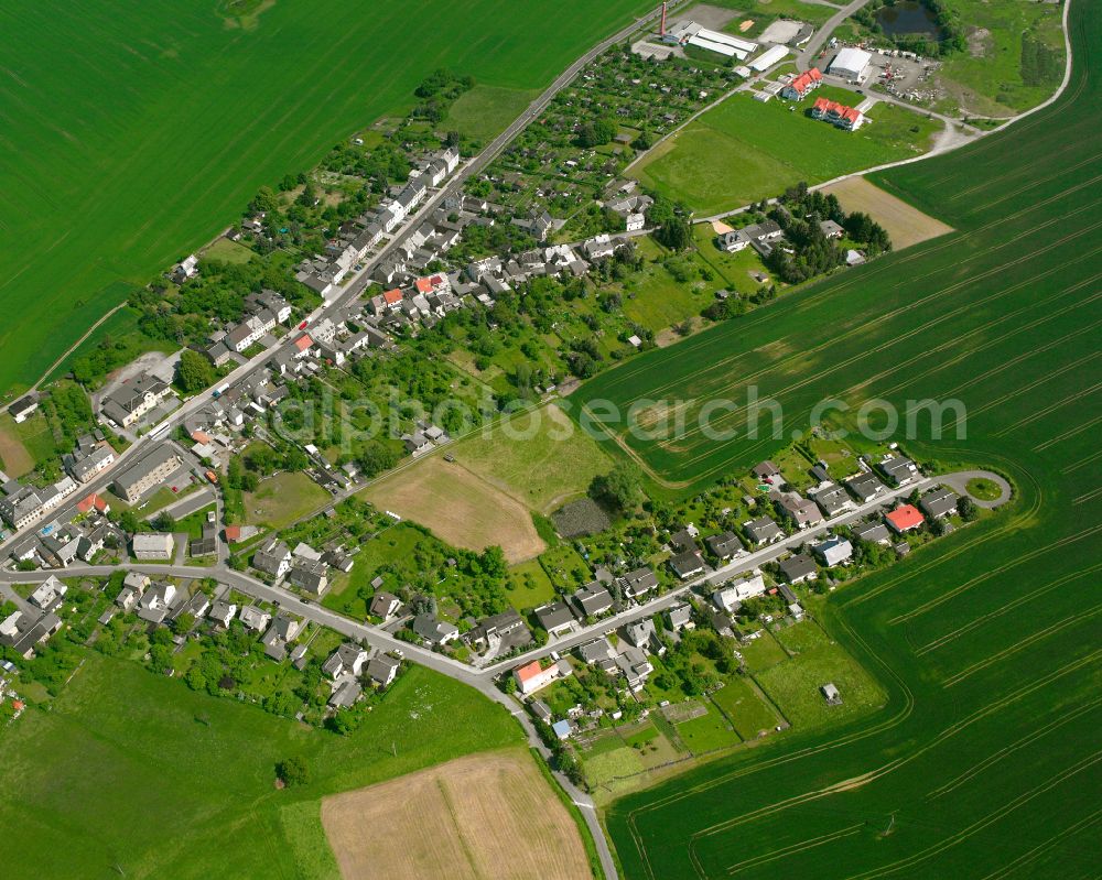 Zeulenroda from the bird's eye view: Agricultural land and field boundaries surround the settlement area of the village in Zeulenroda in the state Thuringia, Germany