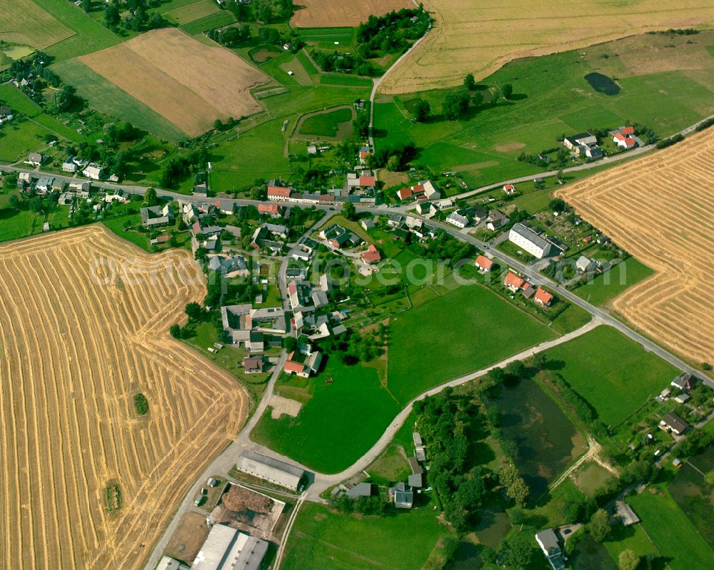 Zeulenroda from above - Agricultural land and field boundaries surround the settlement area of the village in Zeulenroda in the state Thuringia, Germany