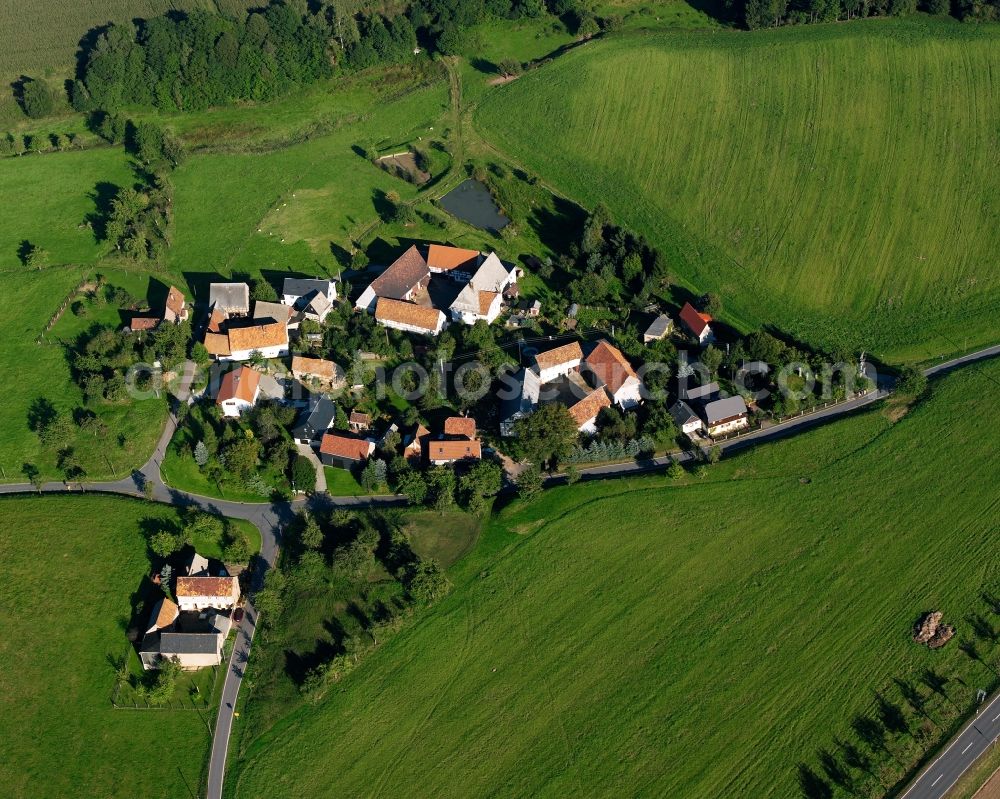 Zöllnitz from above - Agricultural land and field boundaries surround the settlement area of the village in Zöllnitz in the state Saxony, Germany