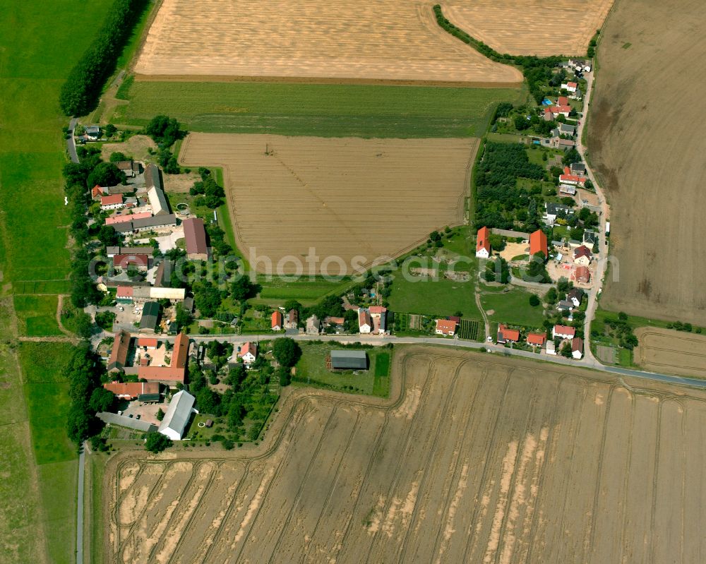 Zschepa from above - Agricultural land and field boundaries surround the settlement area of the village in Zschepa in the state Saxony, Germany