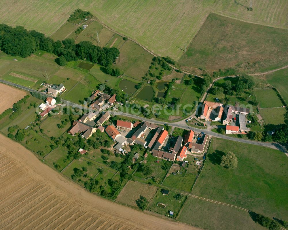 Zschorta from the bird's eye view: Agricultural land and field boundaries surround the settlement area of the village in Zschorta in the state Thuringia, Germany