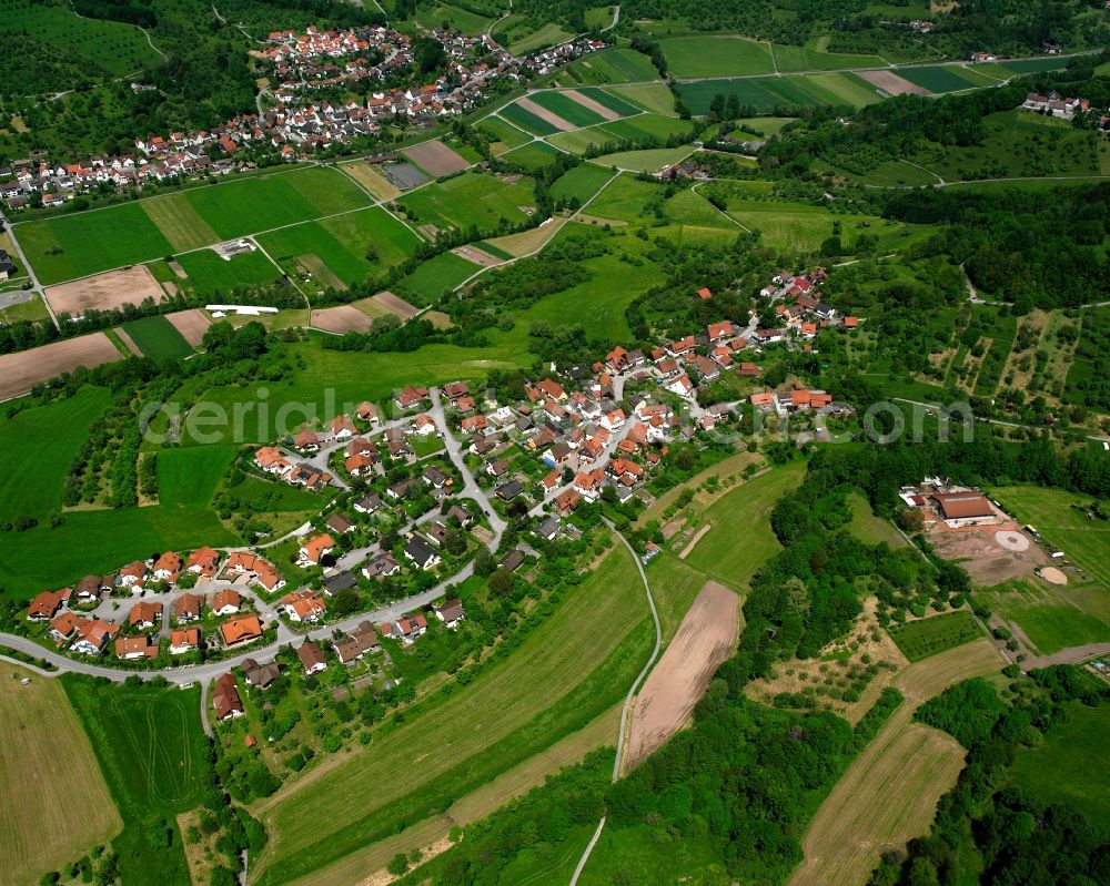 Zumhof from above - Agricultural land and field boundaries surround the settlement area of the village in Zumhof in the state Baden-Wuerttemberg, Germany