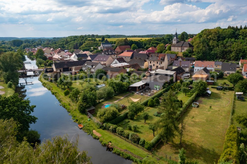 Niederfinow from above - Village center on the river banks of the old Finow on the road L29 in Niederfinow in the state of Brandenburg, Germany