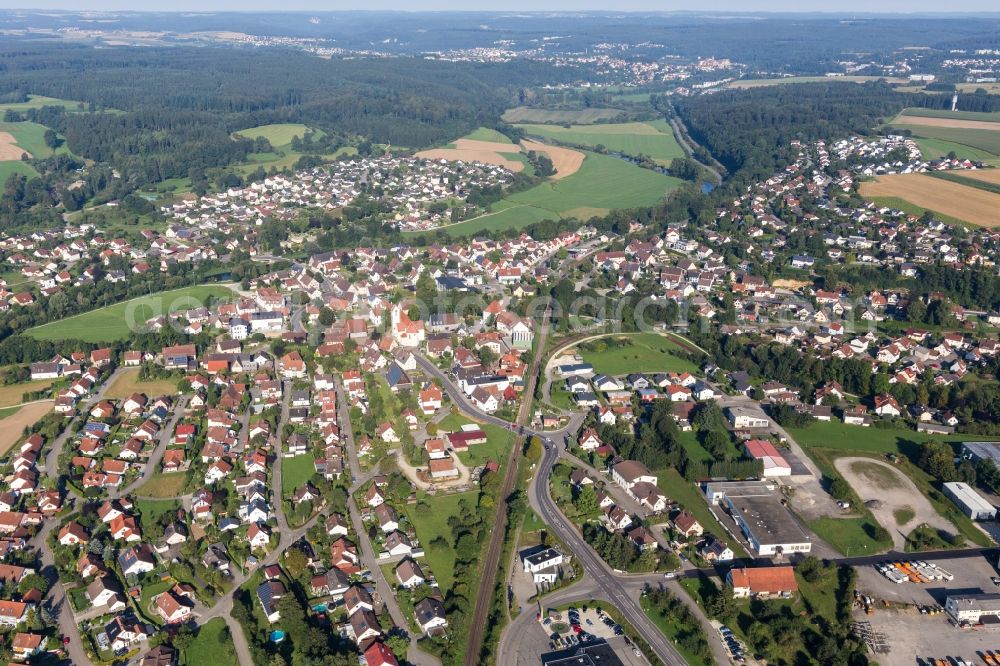 Aerial image Sigmaringendorf - Village on the river bank areas of the river Danube in Sigmaringendorf in the state Baden-Wurttemberg, Germany