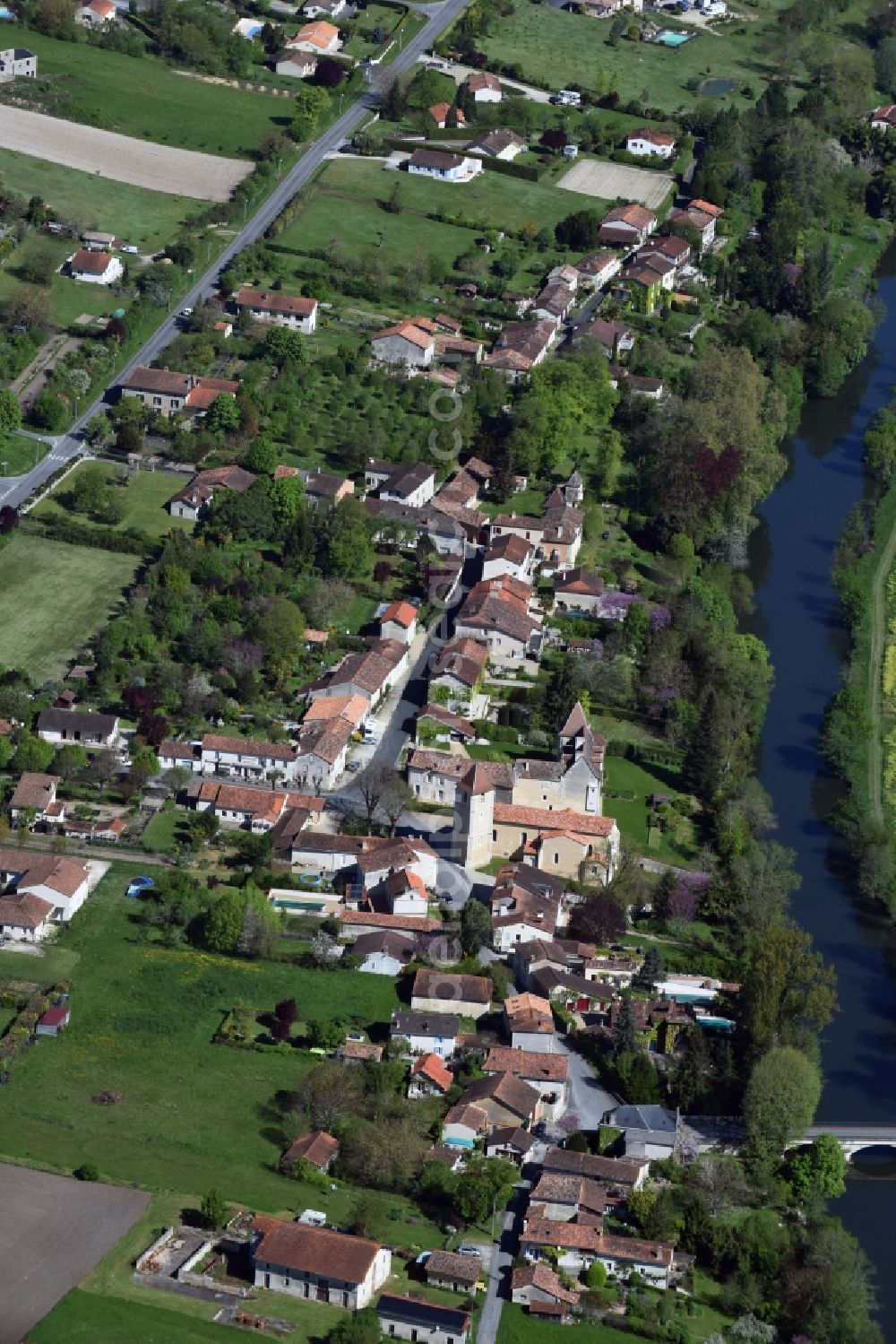 Bonnes from the bird's eye view: Village on the river bank areas La Dronne in Bonnes in Aquitaine Limousin Poitou-Charentes, France