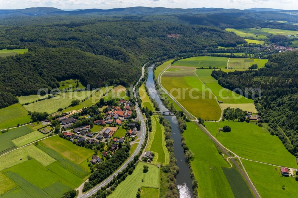 Kirchlotheim from above - Village on the river bank areas of Eder in Kirchlotheim in the state Hesse, Germany