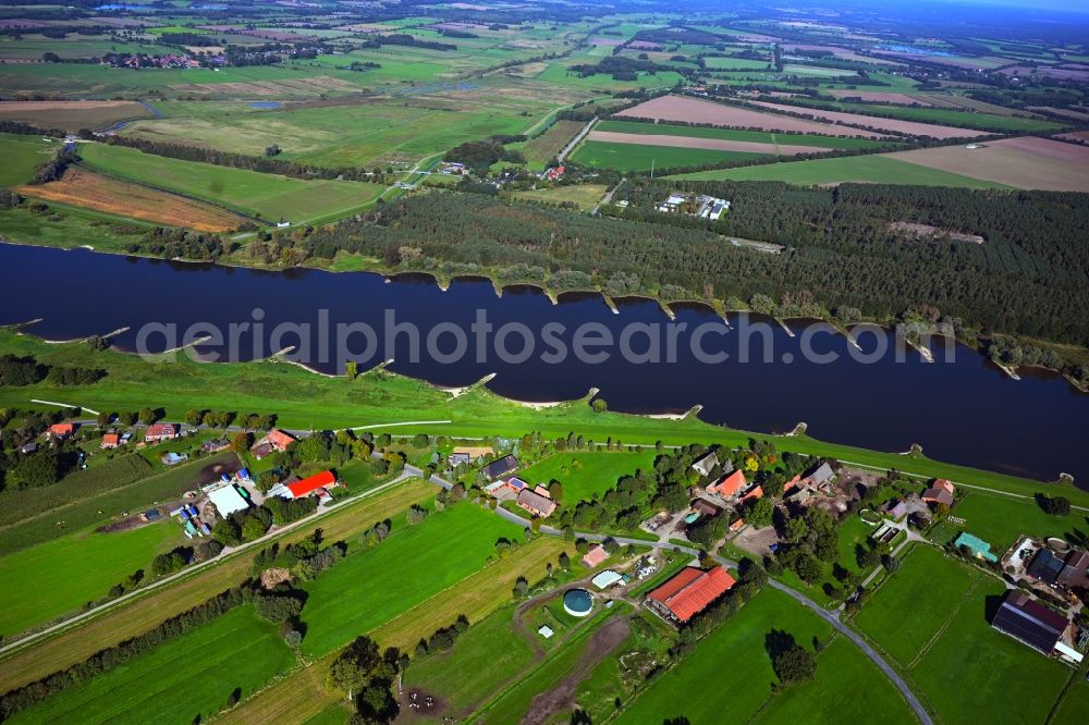 Barförde from above - Village on the river bank areas of the River Elbe in Barfoerde in the state Lower Saxony, Germany