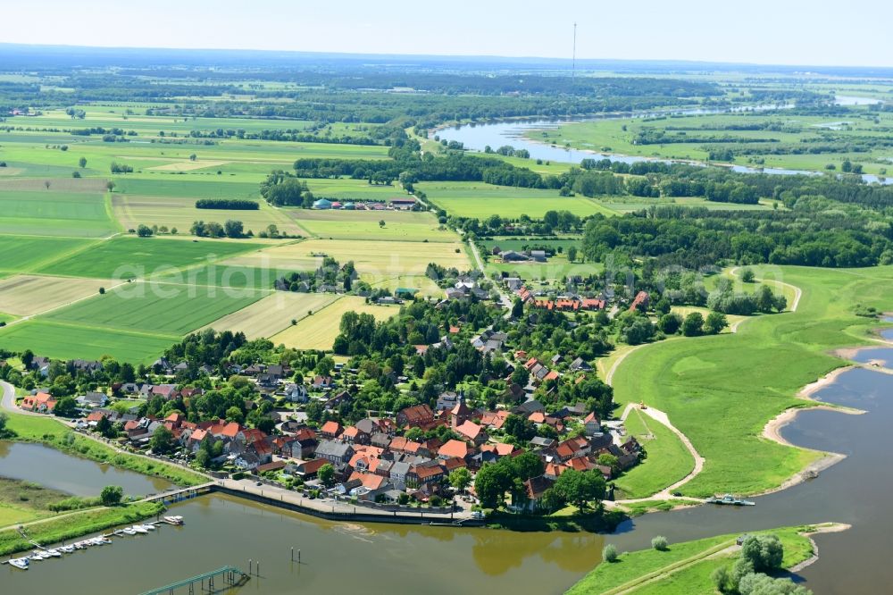 Schnackenburg from above - Village on the river bank areas of Elbe in Schnackenburg in the state Lower Saxony, Germany