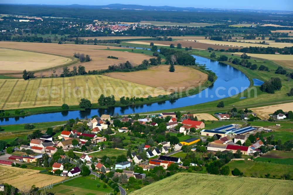 Stehla from above - Village on the river bank areas of the River Elbe in Stehla in the state Saxony, Germany