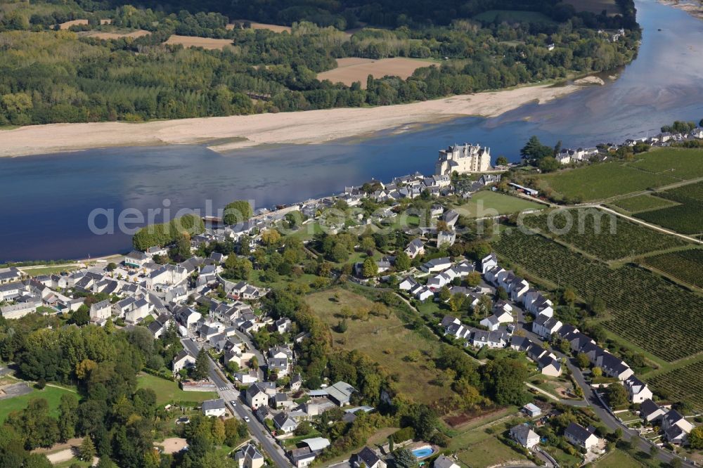 Montsoreau from above - Village on the river bank areas of the Loire in Montsoreau in Pays de la Loire, France. In the background the castle Montsoreau. Montsoreau was declared one of the most beautiful villages in France by the association Les plus beaux villages de France (the most beautiful villages in France)