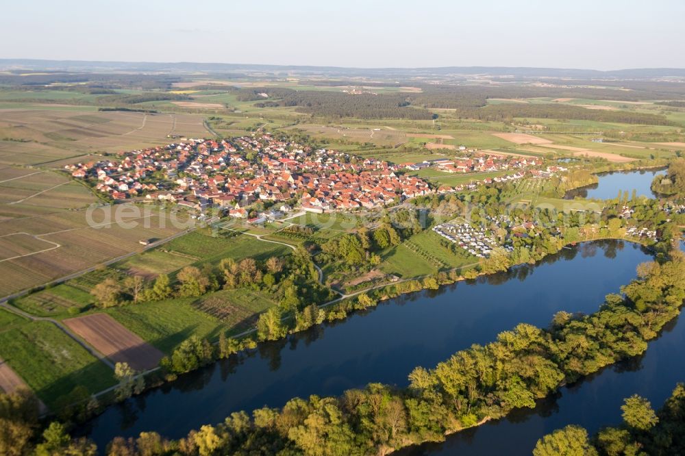 Sommerach from above - Village on the river bank areas of Main-Aue in Sommerach in the state Bavaria, Germany