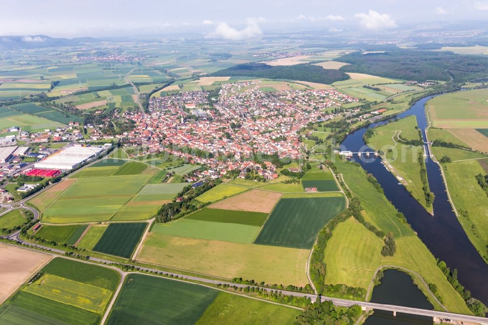 Aerial image Knetzgau - Village on the river bank areas of the Main river in Knetzgau in the state Bavaria, Germany