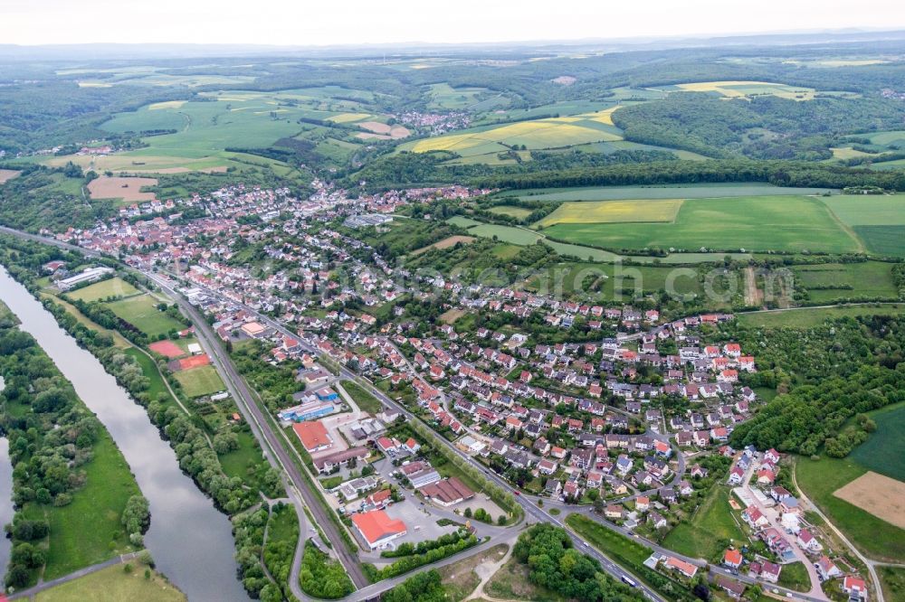 Schonungen from above - Village on the river bank areas of the Main river in Schonungen in the state Bavaria, Germany