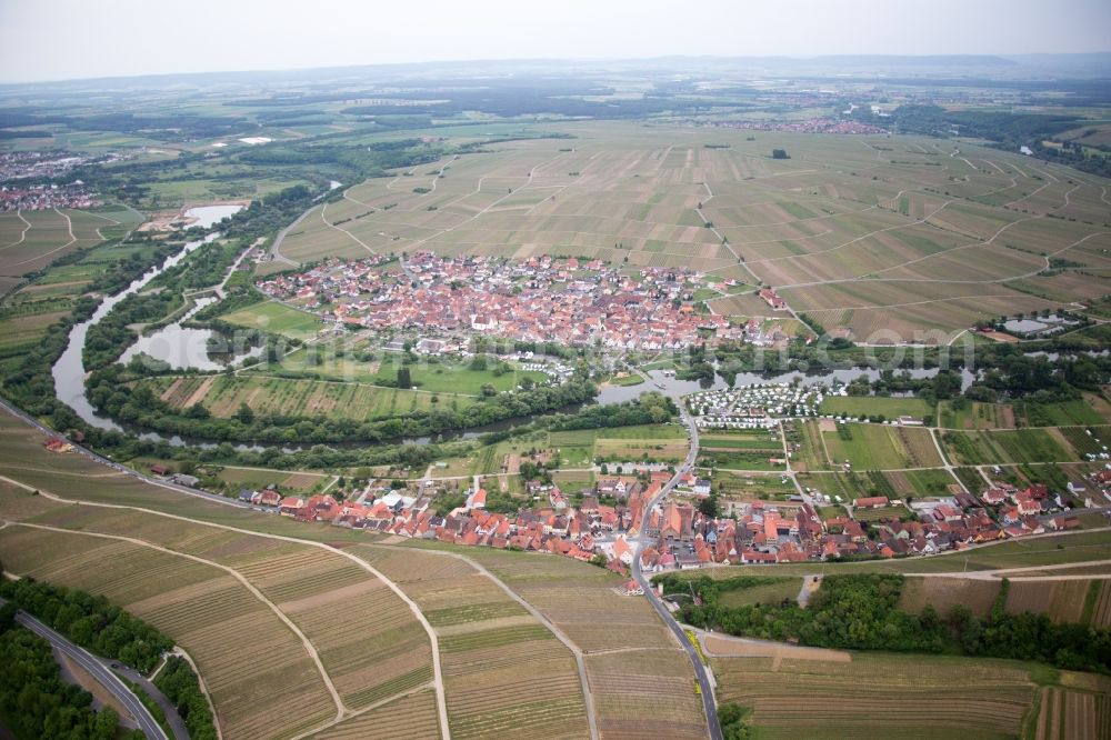 Volkach from above - Village on the river bank areas of the loop of the river in Volkach in the state Bavaria, Germany