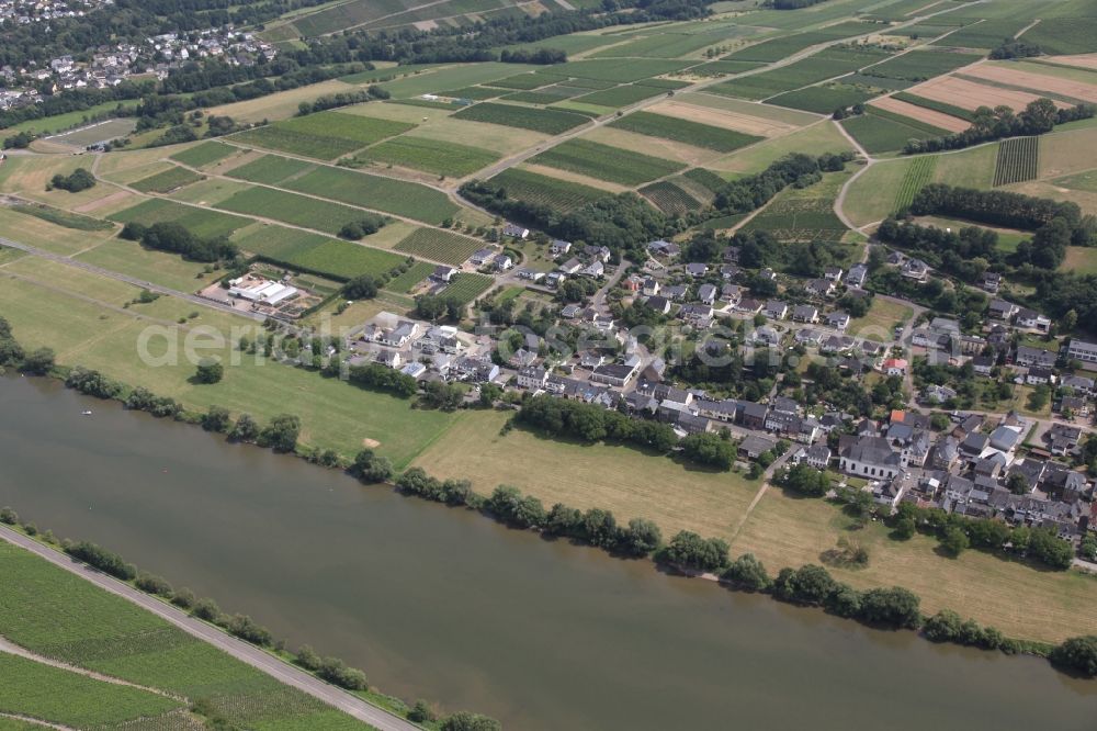 Brauneberg from the bird's eye view: Village on the river bank areas of the river Mosel in Brauneberg in the state Rhineland-Palatinate, Germany. The place is known for its vineyard Brauneberger Juffer