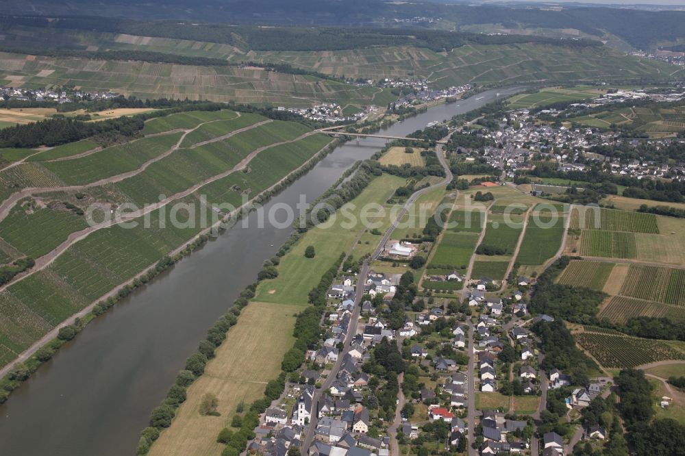 Brauneberg from the bird's eye view: Village on the river bank areas of the river Mosel in Brauneberg in the state Rhineland-Palatinate, Germany. The place is known for its vineyard Brauneberger Juffer