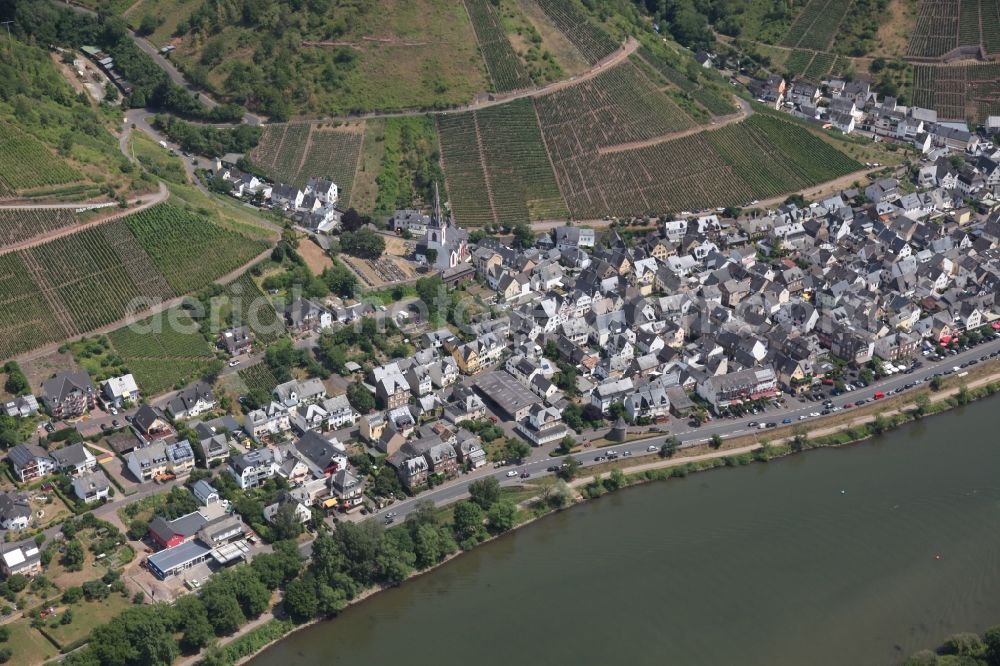 Ediger-Eller from the bird's eye view: Village on the river bank areas of the river Mosel in Ediger-Eller in the state Rhineland-Palatinate, Germany