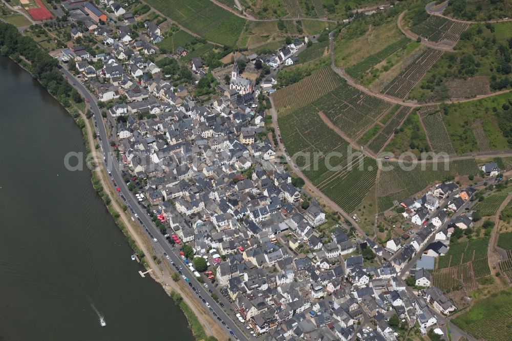 Ediger-Eller from the bird's eye view: Village on the river bank areas of the river Mosel in Ediger-Eller in the state Rhineland-Palatinate, Germany