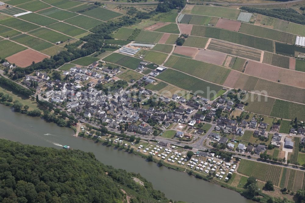 Erden from the bird's eye view: Village on the river bank areas of the river Mosel in Erden in the state Rhineland-Palatinate, Germany