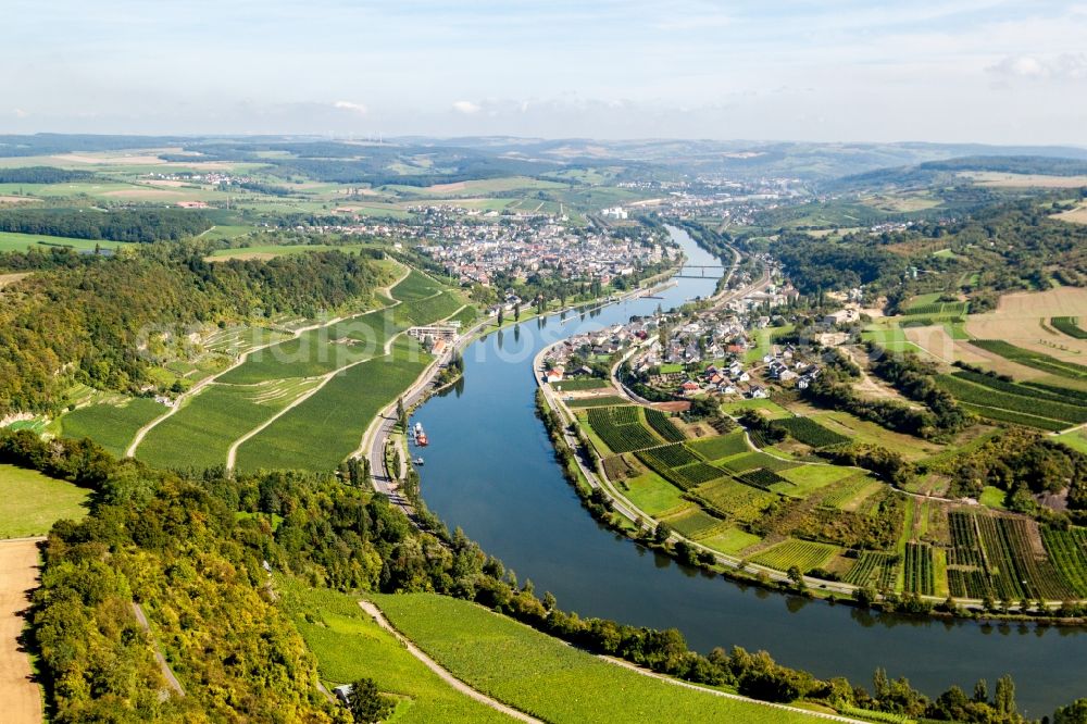 Wellen from the bird's eye view: Village on the river bank areas of the river Mosel in Wellen in the state Rhineland-Palatinate, Germany