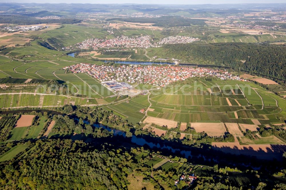 Aerial image Hessigheim - Village on the river bank areas of the river Neckar in Hessigheim in the state Baden-Wuerttemberg, Germany