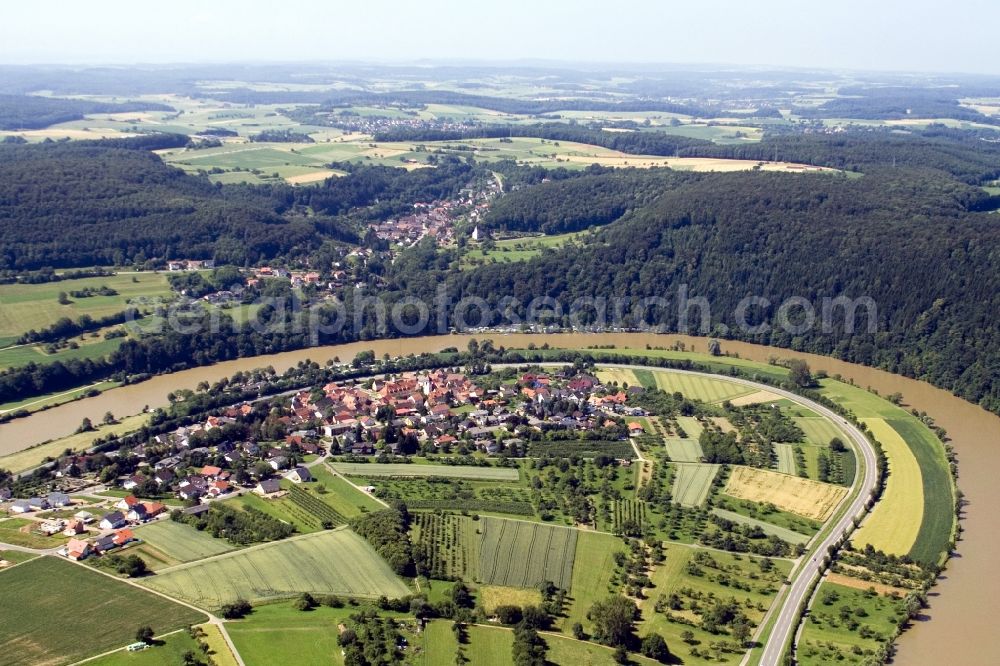 Binau from above - Village on the river bank areas Neckar in the district Moertelstein in Binau in the state Baden-Wuerttemberg