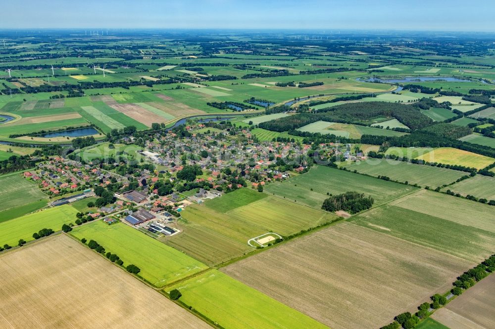 Estorf from above - Village center on the river bank areas of the Oste in Graepel in the state Lower Saxony, Germany