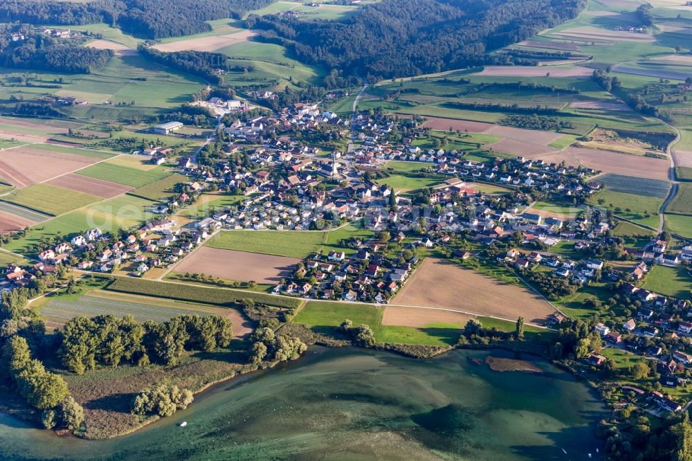 Eschenz from above - Village on the river bank areas of the Rhine river in Eschenz in the canton Thurgau, Switzerland