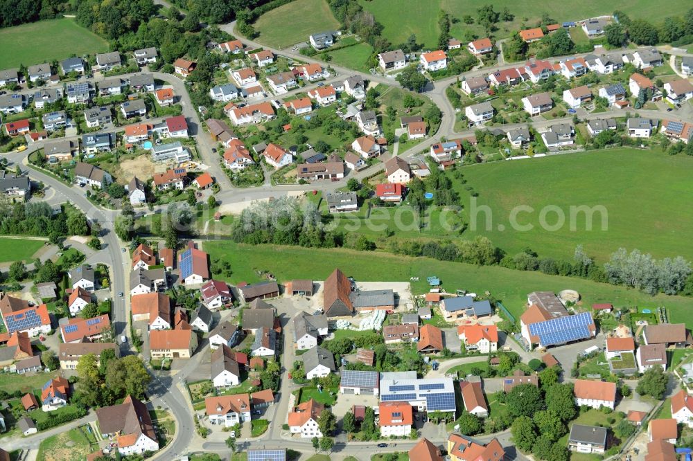 Rainau from the bird's eye view: Village on the river bank areas of Roehlinger Sechta in Rainau in the state Baden-Wuerttemberg