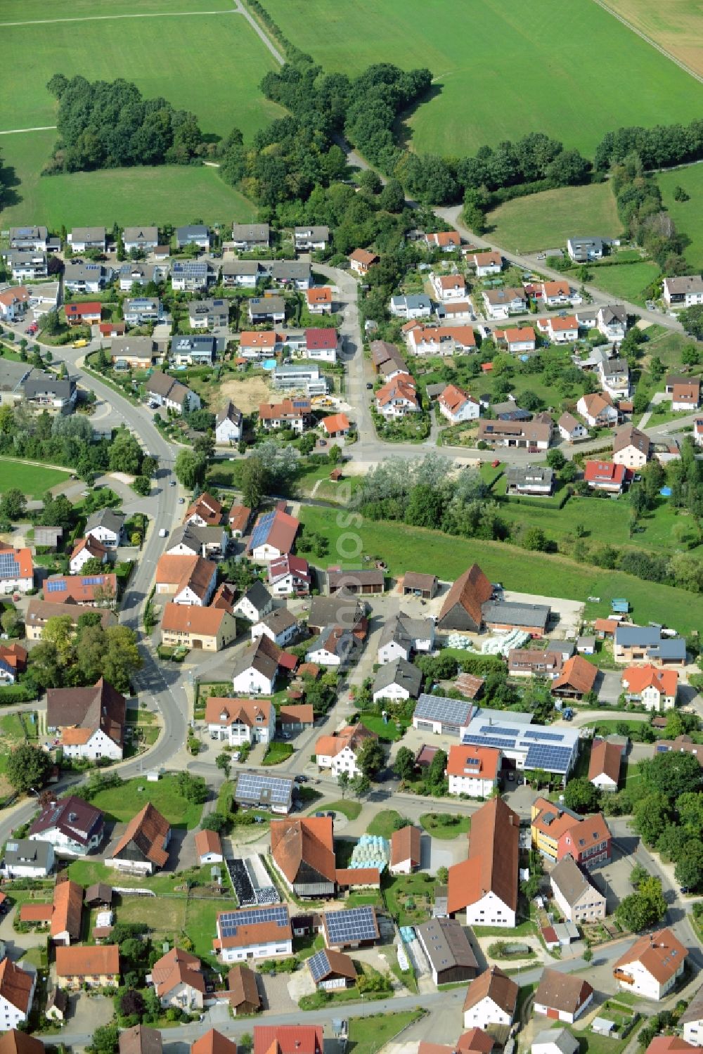 Rainau from above - Village on the river bank areas of Roehlinger Sechta in Rainau in the state Baden-Wuerttemberg