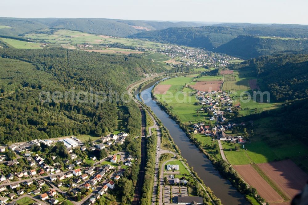 Saarburg from above - Village on the river bank areas of the river Saar in the district Beurig in Saarburg in the state Rhineland-Palatinate, Germany