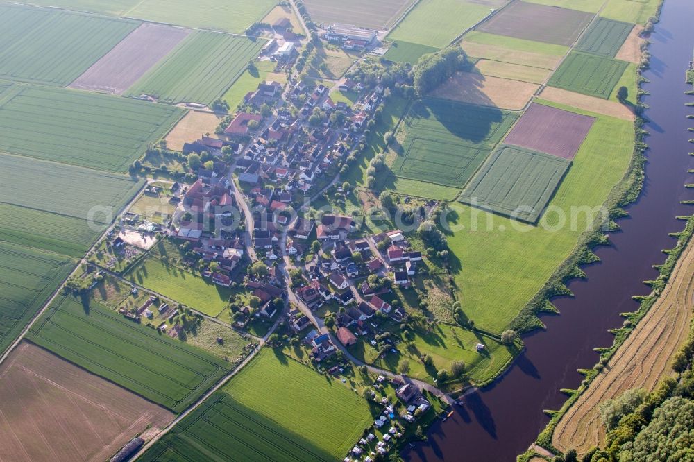 Brevörde from above - Village on the river bank areas of the Weser river in Brevoerde in the state Lower Saxony, Germany