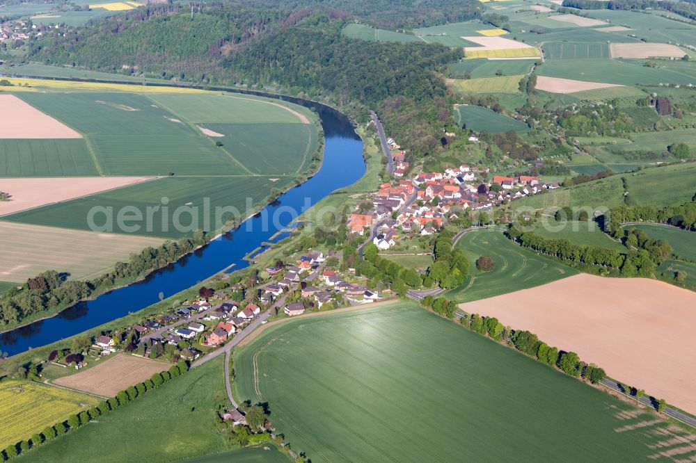 Brevörde from above - Village on the river bank areas of the Weser river in Brevoerde in the state Lower Saxony, Germany