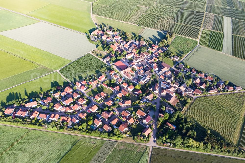 Frettenheim from above - Agricultural land and field borders surround the settlement area of the village in Frettenheim in the state Rhineland-Palatinate, Germany