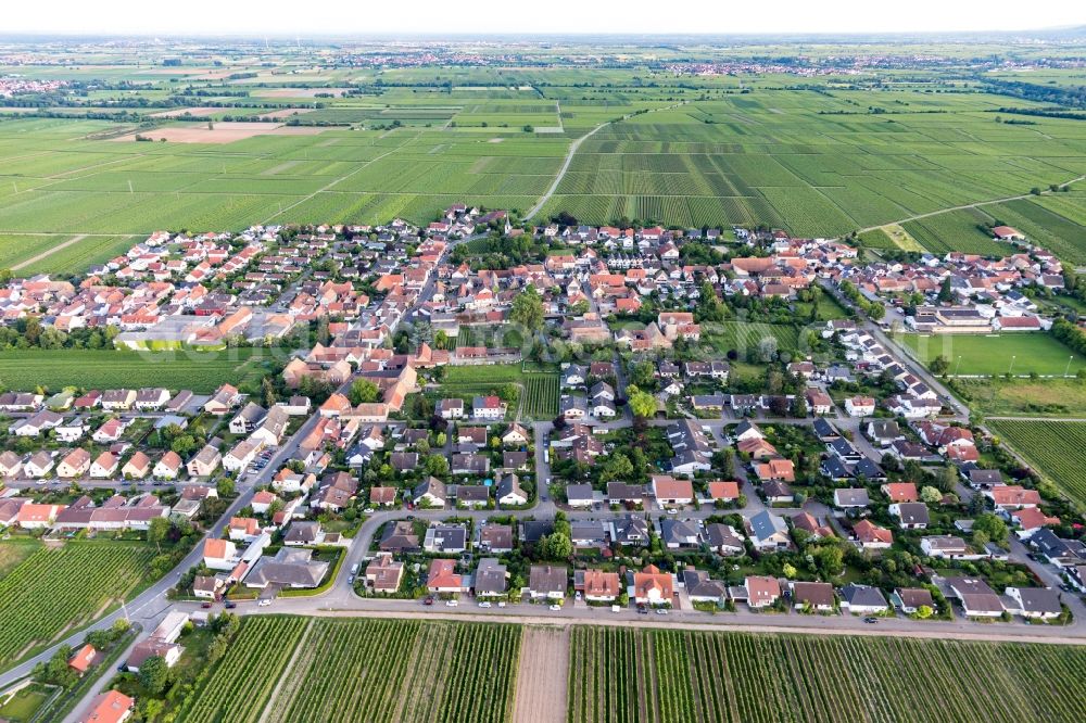 Friedelsheim from the bird's eye view: Agricultural land and field borders surround the settlement area of the village in Friedelsheim in the state Rhineland-Palatinate, Germany