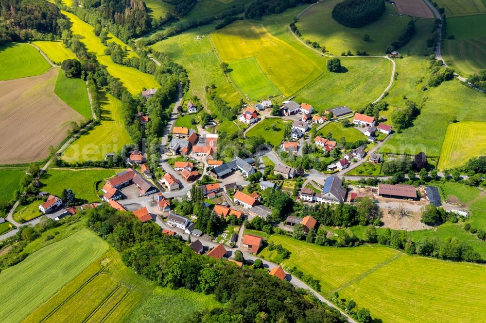 Giebringhausen from above - Agricultural land and field borders surround the settlement area of the village in Giebringhausen in the state Hesse, Germany