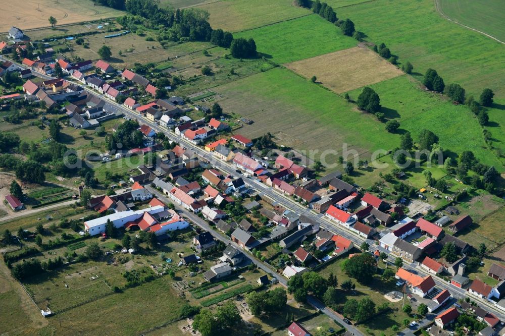 Groß Briesen from above - Agricultural land and field borders surround the settlement area of the village in Gross Briesen in the state Brandenburg, Germany