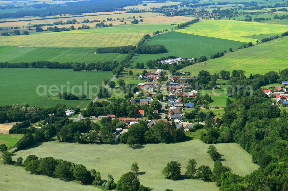 Aerial photograph Gulow - Agricultural land and field borders surround the settlement area of the village in Gulow in the state Brandenburg, Germany